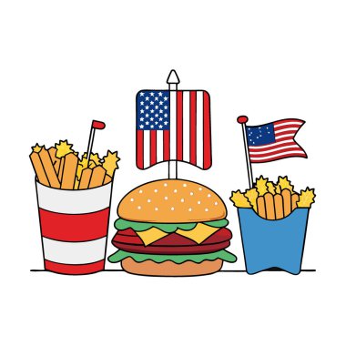 Hamburgerlerin yer aldığı Festivalsel Amerikan Mutfak Kolajı. Kızartma. Ve vatansever bayraklar. Yapay zeka üretildi. Vektör simgesi