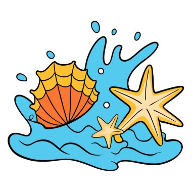 Okyanus suyunda dinamik deniz kabukları ve deniz yıldızı sıçraması. Canlı bir yaz sahnesi. Yapay zeka üretildi. Vektör simgesi