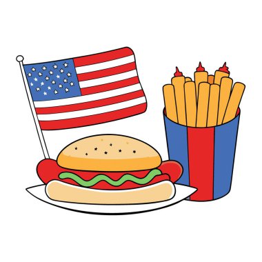 Klasik Amerikan ziyafetinde sosisli sandviç. Patates. Çipler ve Birleşik Devletler bayrağı. Yapay zeka üretildi. Vektör simgesi