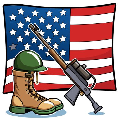 Amerikan Askeri Hizmet Botları ve Amerikan Bayrağına Karşı Tüfek Onurlu. Yapay zeka üretildi. Vektör simgesi