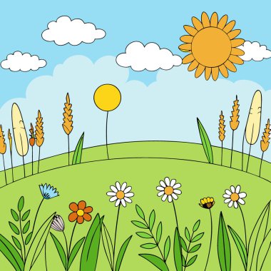 Güzel güneşli bir günde kır çiçekleri ve otlarla dolu doğal yaz çayırları. Yapay zeka üretildi. Vektör simgesi