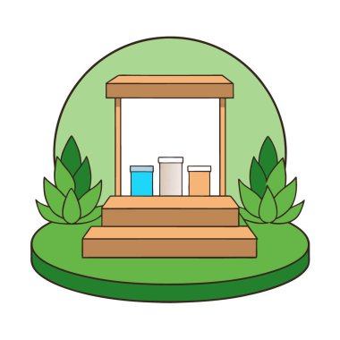 Ahşap ürün yeşil doğa arka planlı kozmetik ürünleri podyumu. Yapay zeka üretildi. Vektör simgesi
