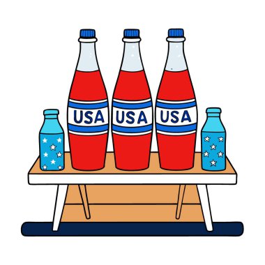 Amerika 'nın Bağımsızlık Günü Piknik Masasında Kırmızı Beyaz ve Mavi Soda Şişeleri. Yapay zeka üretildi. Vektör simgesi