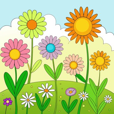 Renkli papatyalar ve sıcacık güneş ışığı altında kır çiçekleriyle dolu canlı bir bahar çayırı. Yapay zeka üretildi. Vektör simgesi