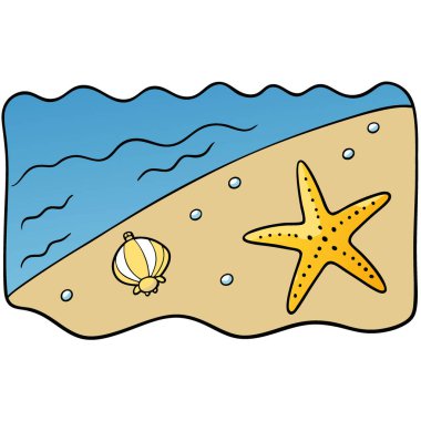 Yaklaşan dalgalarla kumlu bir sahilde deniz yıldızı ve deniz kabuğu manzarası. Yapay zeka üretildi. Vektör simgesi