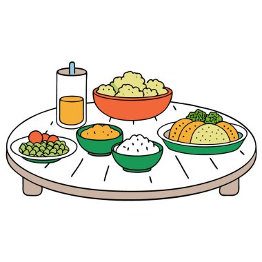 Brokoli, pirinç ve et de dahil çeşitli yemeklerle dolu bir masa. Yapay zeka üretildi. Vektör simgesi