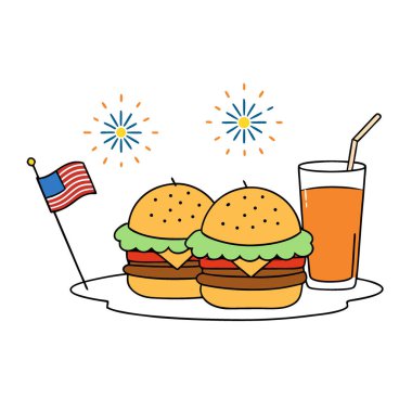 Bağımsızlık Günü ziyafeti için havai fişekli burgerler ve birayla kutlama hamburgerleri. Yapay zeka üretildi. Vektör simgesi
