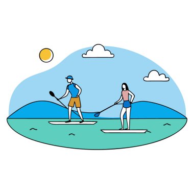 İnsanlar parlak mavi bir gölde fotokopi alanı ile kürek çekiyorlar. Yapay zeka üretildi. Vektör simgesi