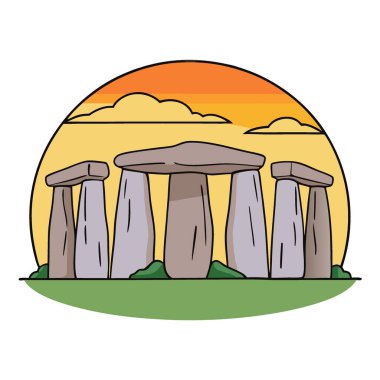 Stonehenge İngiltere yaz gündönümü taşların arasındaki batan güneşin manzarası. Yapay zeka üretildi. Vektör simgesi