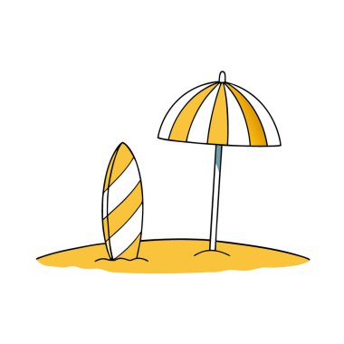 Sarı ve beyaz çizgili bir plaj şemsiyesi ve kumlu bir sahilde sörf tahtası standı. Yapay zeka üretildi. Vektör simgesi