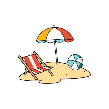 Bir plaj sahnesinde bir plaj sandalyesi, bir şemsiye ve bir plaj topu. Yapay zeka üretildi. Vektör simgesi