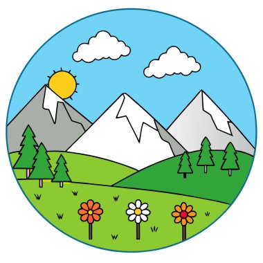 Yaz mevsiminde çiçek açan çayırları olan Alpler 'deki ideal dağ manzarası. Yapay zeka üretildi. Vektör simgesi