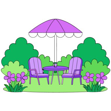 Modern patio furniture nestled in a lush green garden with vibrant purple flowers. AI generated. Vector icon