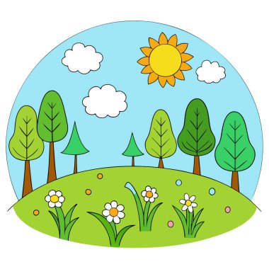 Bahar ya da yaz ormanı güneşli bir günde çiçek açan çimenler ve kelebeklerle kaplıdır. Yapay zeka üretildi. Vektör simgesi