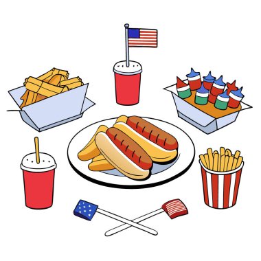 Top view of table laden with hot dogs and french fries at 4th of july celebration. AI generated. Vector icon