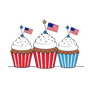 ABD 'nin 4 Temmuz Bağımsızlık Günü Amerikan Bayrakları ve Beyaz Şekerlemeli Kekler. Yapay zeka üretildi. Vektör simgesi