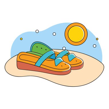 Kumlu sahilde canlı yaz sandaletleri güneşin altında neşeli tatil titreşimlerini kucaklıyor. Yapay zeka üretildi. Vektör simgesi