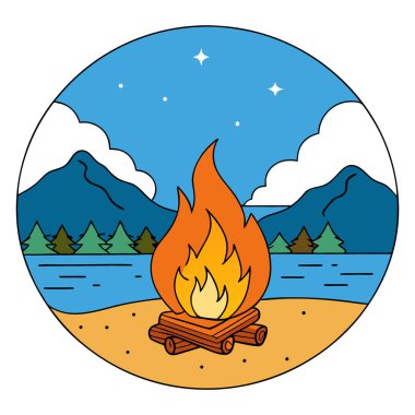 Big bonfire on the beach by a lake during a midsummer night celebration in nature.. AI generated. Vector icon