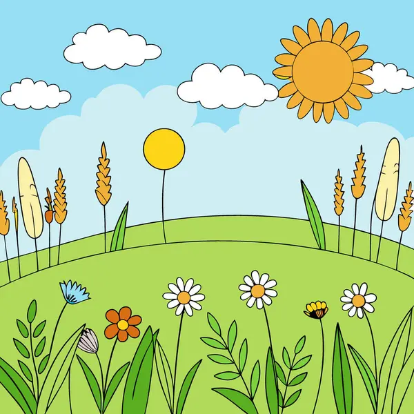 Güzel güneşli bir günde kır çiçekleri ve otlarla dolu doğal yaz çayırları. Yapay zeka üretildi. Vektör simgesi
