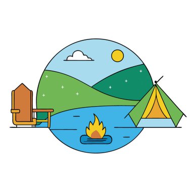 Gün batımında nehrin kenarında sıcak bir ateş ve rahat bir koltukla kamp kurun. Yapay zeka üretildi. Vektör simgesi