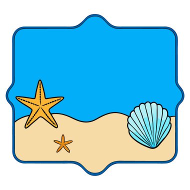 Deniz kabukları. denizyıldızı. Mavi üzerine kum sınırı. Yaz plajı geçmişi. Tasarım şablonu. Yapay zeka üretildi. Vektör simgesi
