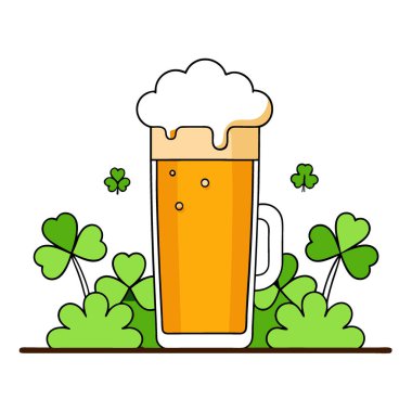 Doğadaki Tahta Masa 'da Yeşil Yoncalar ile çevrili Soğuk Bira Bardağı. Yapay zeka üretildi. Vektör simgesi