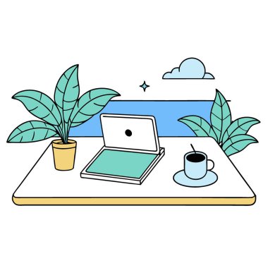 Dizüstü bilgisayarlı sakin bir sahil çalışma alanı. Kahve. Ve bitkiler. Rahatlamak için mükemmel. Yapay zeka üretildi. Vektör simgesi