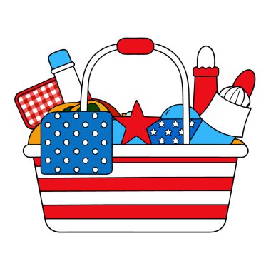 4 Temmuz Parti Piknik sepeti Al 'ın ürettiği kırmızı beyaz ve mavi temalı sofra takımı ile dolu. Vektör simgesi