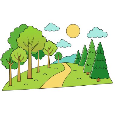 Yaz ormanı boyunca yükselen ağaçlar ve güneş ışığıyla panoramik bir manzara. Yapay zeka üretildi. Vektör simgesi