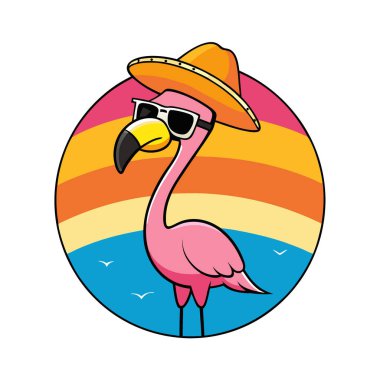 Güneş gözlüklü şapkalı komik bir flamingo yaz arka planında yapay zeka üretiyor. Vektör simgesi