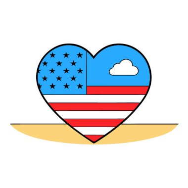 Kumlu kumsalda Amerikan bayrağı şeklinde mavi gökyüzünün altında vatansever bir yaz tatili. Yapay zeka üretildi. Vektör simgesi