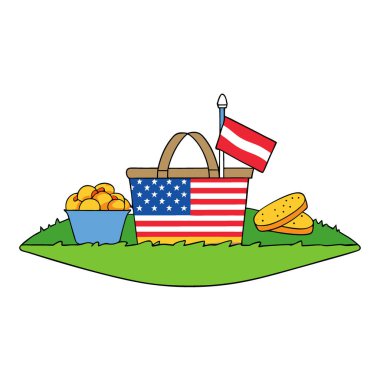 Amerikan bayraklı çilekli piknik sepeti ve çimlerin üzerinde peynir. Yapay zeka üretildi. Vektör simgesi