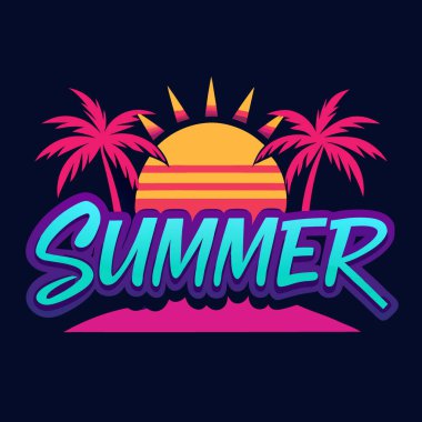 Karanlık Tropikal Ortam 'da Parlayan Neon June tabelası. Summers 'ın gelişini duyuruyorum. Yapay zeka üretildi. Vektör simgesi