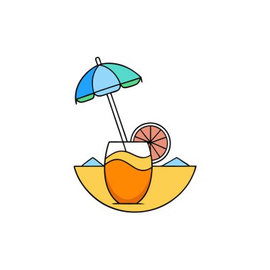 Yaz tatili için plajda renkli şemsiyeli ve meyveli tropik kokteyl. Yapay zeka üretildi. Vektör simgesi