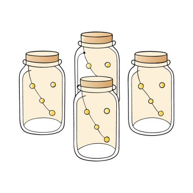 Haziran akşamı parıltısı için içi peri ışıklarıyla dolu sıcak beyaz cam kavanozlar. Yapay zeka üretildi. Vektör simgesi