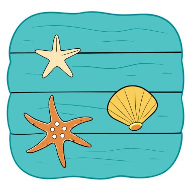 Deniz yıldızı ve deniz kabukları turkuaz ahşap arka plan temalı ve fotokopi alanı var. Yapay zeka üretildi. Vektör simgesi