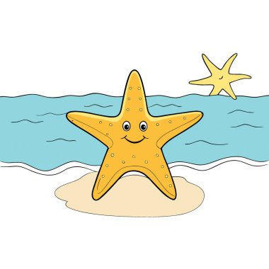 Güneşin doğuşunda kumlu sahilde denizyıldızı. Arka planda okyanus dalgaları. Yaz tatili görüntüsü. Yapay zeka üretildi. Vektör simgesi