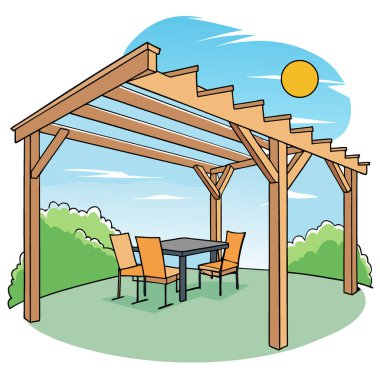 Banliyö evinin ahşap pergola verandası. Dışarıda yemek. Güneşli bir gün. Arka bahçedeki rahatlama. Yapay zeka üretildi. Vektör simgesi