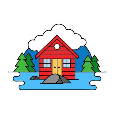 Finlandiya 'da Stockholm takımadalarında bulunan göl kenarındaki kırmızı tatil kulübesinin görüntüsü yapay zeka tarafından oluşturuldu. Vektör simgesi