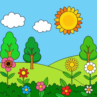 Berrak mavi gökyüzünün altında, güneşli bir yerde canlı çiçeklerle dolu yemyeşil bir bahçe. Yapay zeka üretildi. Vektör simgesi