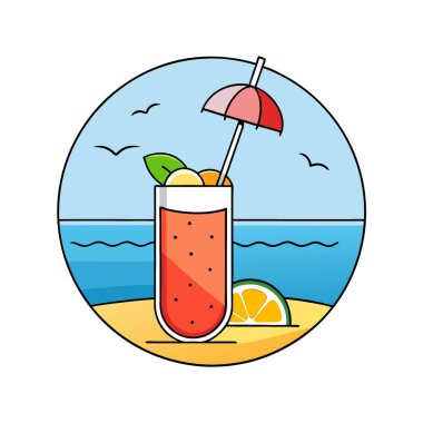 Yazın okyanusun yakınındaki güneşli bir sahilde taze meyveli tropikal içecek. Yapay zeka üretildi. Vektör simgesi