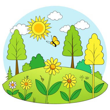 Serene Ormanı Ormanı 'nda canlı sarı kır çiçekleri ve kelebeklerle Sunny Meadow. Yapay zeka üretildi. Vektör simgesi