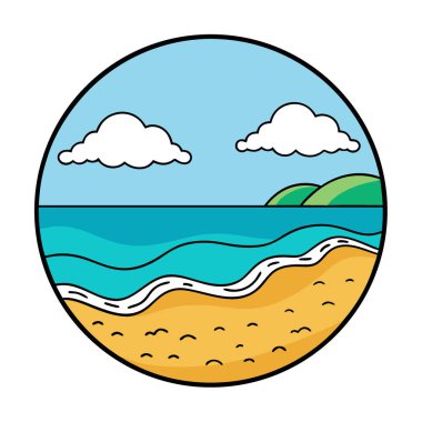 Haziran. Kumlu kumsalın yaz arkaplanı seyahat ve tatil temalı okyanus dalgalarıyla yapay zeka üretildi. Vektör simgesi