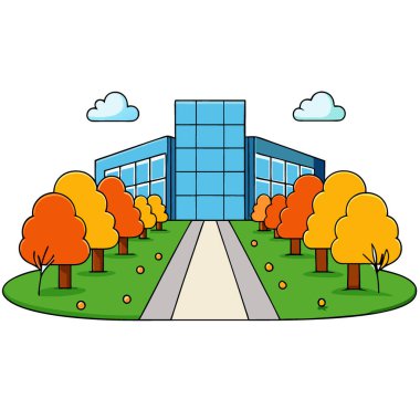 Walkway 'deki peyzaj şirketinin ofis parkı. Yeşillik ve Renkli Sonbahar Ağaçları. Yapay zeka üretildi. Vektör simgesi