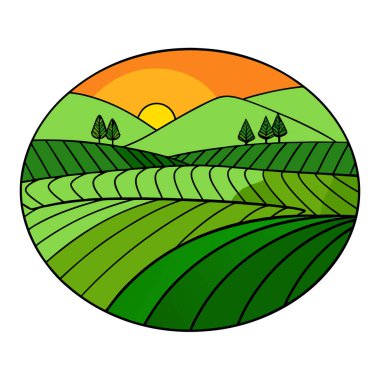 Güneş doğduğunda yemyeşil bir çay çiftliği ortaya çıkar. Yeşil sıraları Haziran ayı başında ışıl ışıl. Dikey yapay zeka üretildi. Vektör simgesi