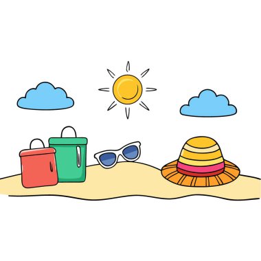 Plaj Özellikleri: Güneş Şapkası Havluları Güneş Gözlükleri ve Güneşli Yaz Sahnesinde Terlikler. Yapay zeka üretildi. Vektör simgesi