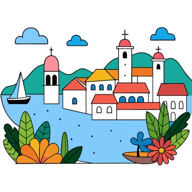 Canlı çiçekleri ve teknelerle benekli huzurlu körfezi olan büyüleyici İspanyol kıyı kasabası. Yapay zeka üretildi. Vektör simgesi