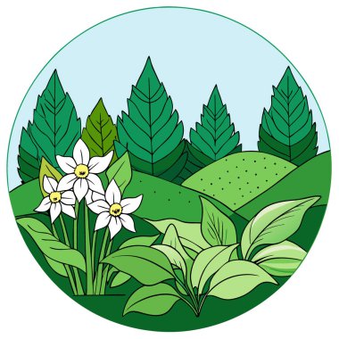 Ev sahibi çiçeklerin olduğu güzel bir bahçe sahnesi. Yeşillik yapraklar ve yaz doğa arka planı. Yapay zeka üretildi. Vektör simgesi