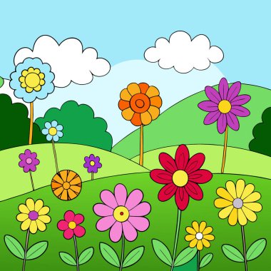 Renkli çiçeklerin karışımlı canlı çiçek tarlası, verimli bir doğal manzara boyunca. Yapay zeka üretildi. Vektör simgesi