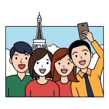 Dört arkadaş arka planda Eyfel Kulesi olan bir selfie için gülümsüyor. Yapay zeka üretildi. Vektör simgesi